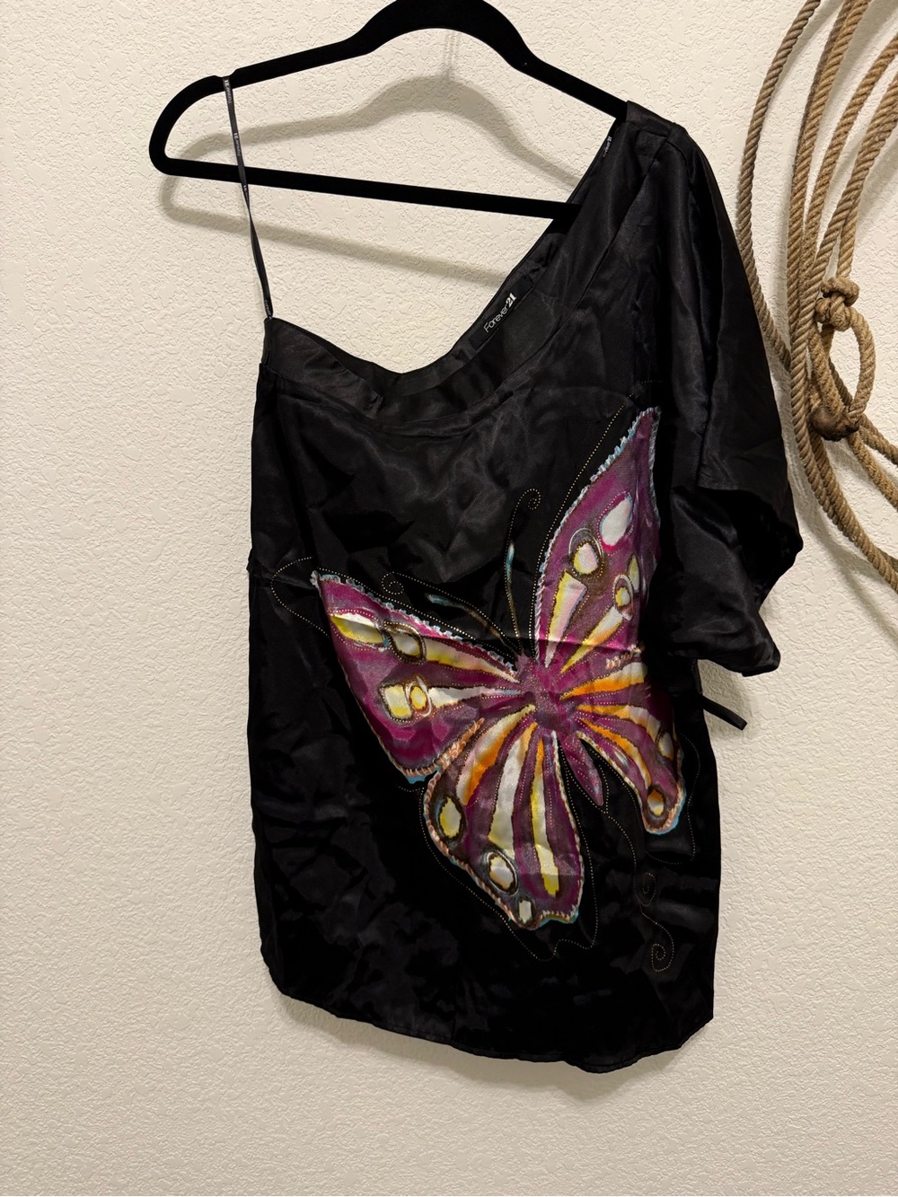 Forever 21 Black One-Shoulder Camisole with Purple & Yellow Butterfly